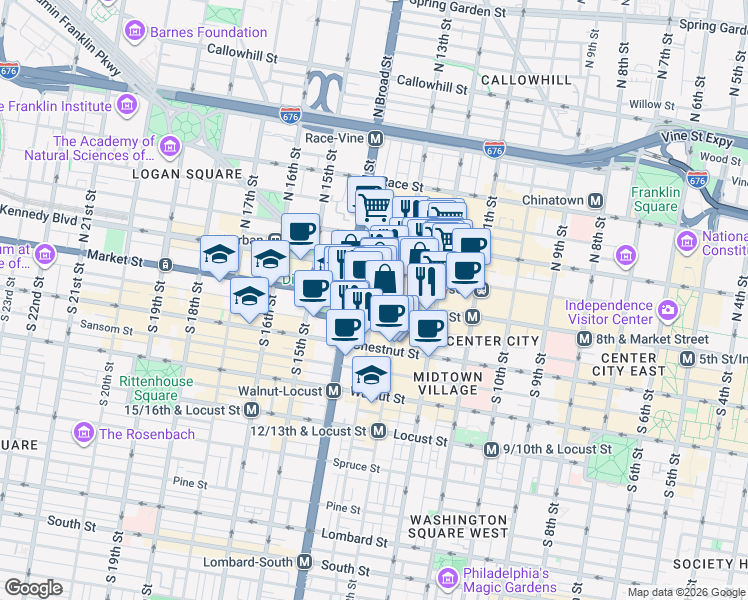 map of restaurants, bars, coffee shops, grocery stores, and more near in Philadelphia