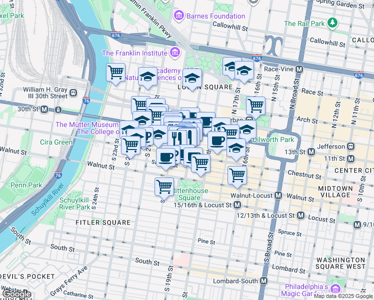 map of restaurants, bars, coffee shops, grocery stores, and more near 42 South 19th Street in Philadelphia