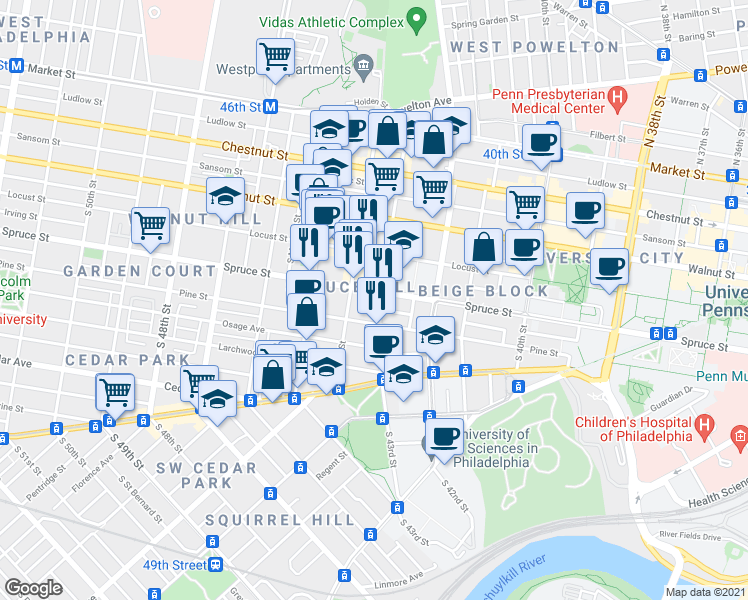 map of restaurants, bars, coffee shops, grocery stores, and more near 4300 Spruce Street in Philadelphia
