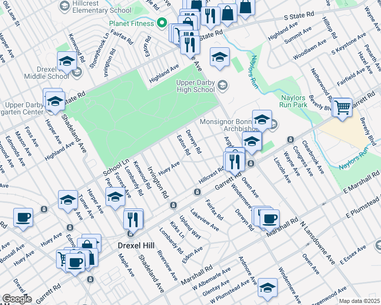 map of restaurants, bars, coffee shops, grocery stores, and more near 467 Eaton Road in Drexel Hill
