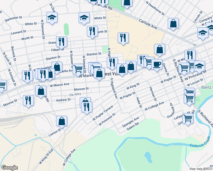 map of restaurants, bars, coffee shops, grocery stores, and more near 1423 Monroe Street in York
