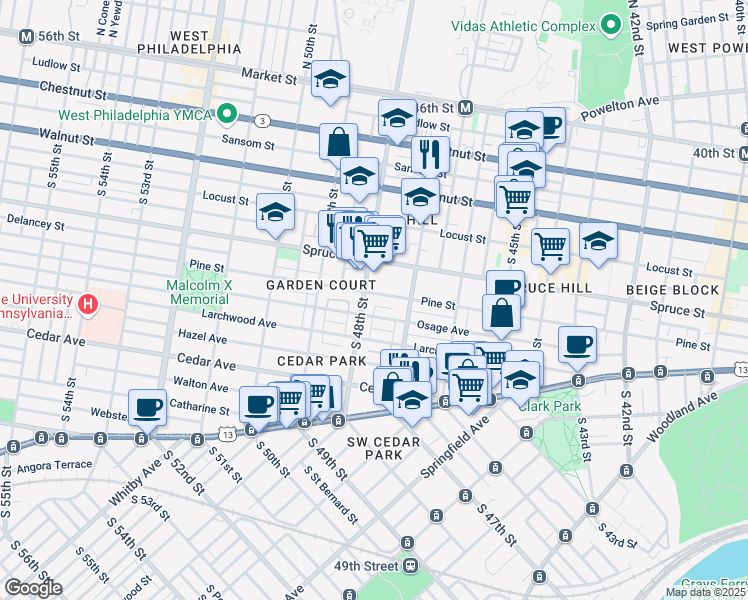 map of restaurants, bars, coffee shops, grocery stores, and more near 4721 Pine Street in Philadelphia