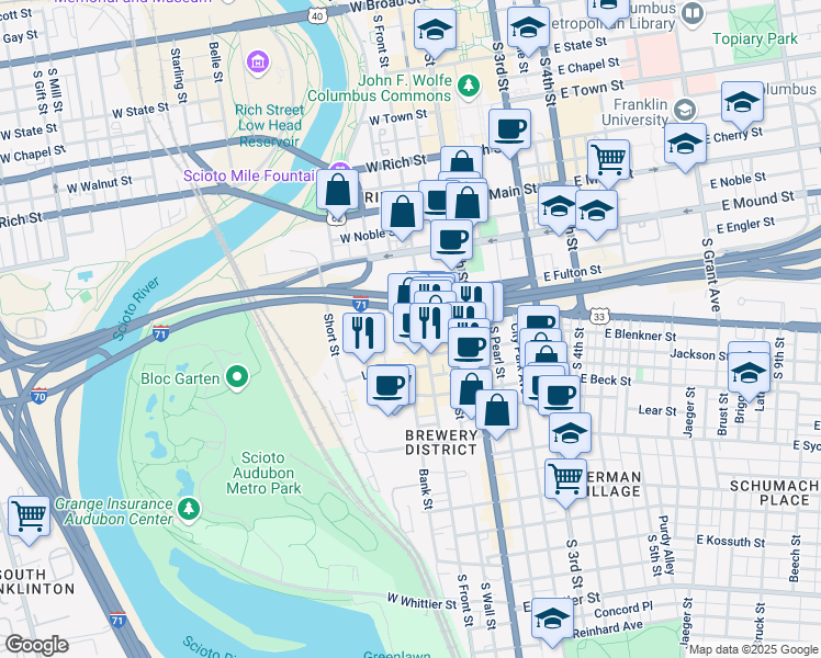map of restaurants, bars, coffee shops, grocery stores, and more near 477 South Front Street in Columbus