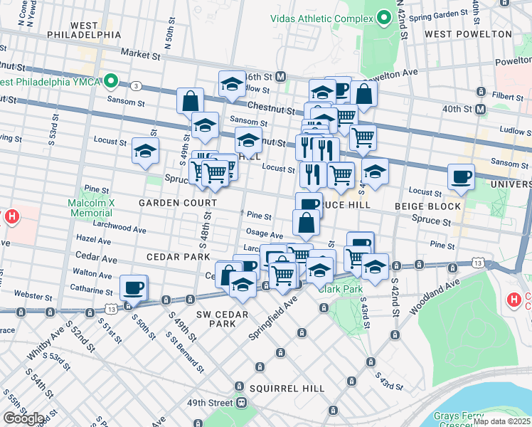 map of restaurants, bars, coffee shops, grocery stores, and more near 4625 Pine Street in Philadelphia