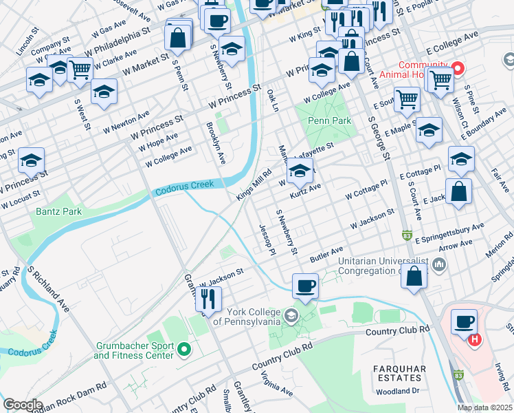 map of restaurants, bars, coffee shops, grocery stores, and more near 339 Kurtz Avenue in York