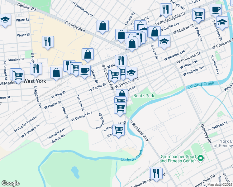 map of restaurants, bars, coffee shops, grocery stores, and more near 954 West Locust Street in York