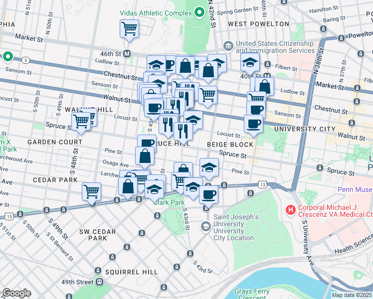 map of restaurants, bars, coffee shops, grocery stores, and more near 4242 Spruce Street in Philadelphia