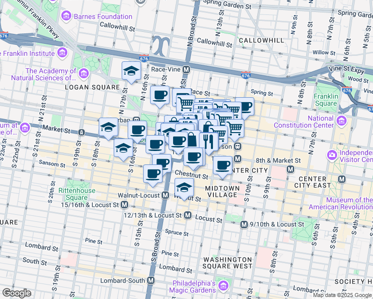 map of restaurants, bars, coffee shops, grocery stores, and more near in Philadelphia