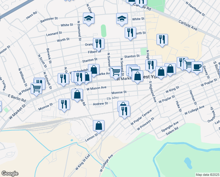 map of restaurants, bars, coffee shops, grocery stores, and more near 40 South Sumner Street in West York