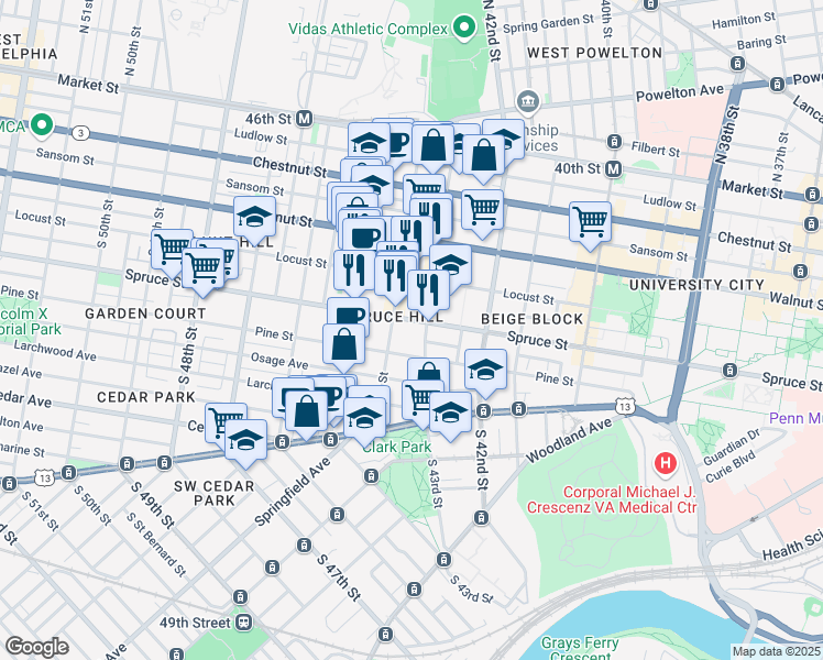 map of restaurants, bars, coffee shops, grocery stores, and more near 4312 Spruce Street in Philadelphia