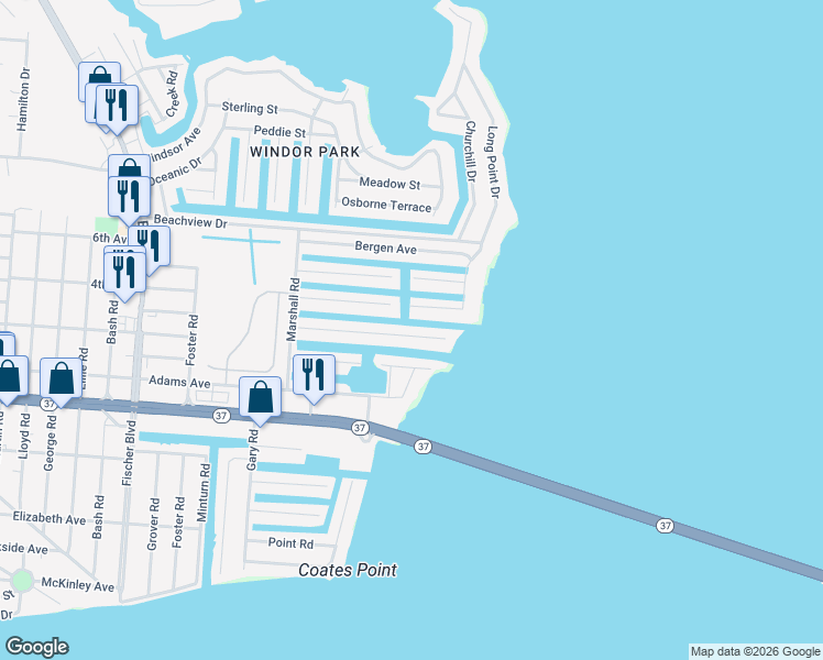 map of restaurants, bars, coffee shops, grocery stores, and more near 3450 Maritime Drive in Toms River