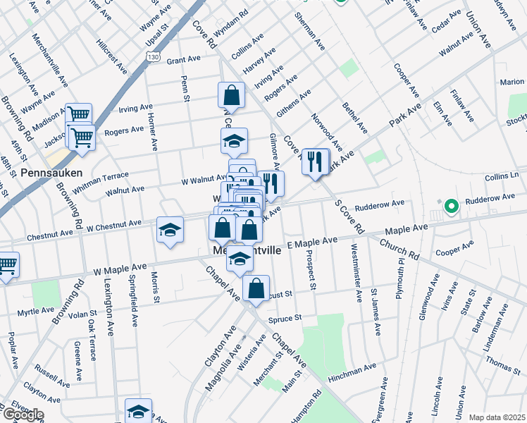 map of restaurants, bars, coffee shops, grocery stores, and more near 25 Park Avenue in Pennsauken Township