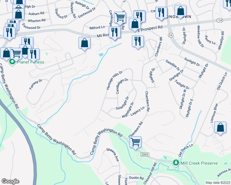 map of restaurants, bars, coffee shops, grocery stores, and more near 2830 Candlelight Drive in York