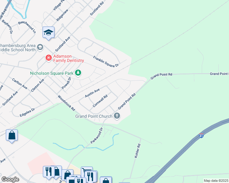 map of restaurants, bars, coffee shops, grocery stores, and more near 433 Hartford Drive in Chambersburg