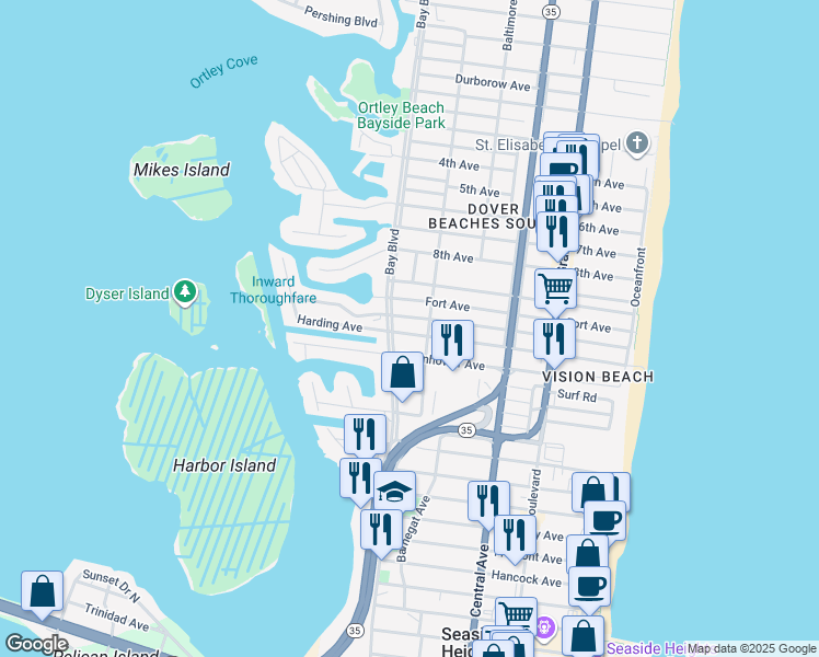 map of restaurants, bars, coffee shops, grocery stores, and more near 305 Coolidge Avenue in Seaside Heights
