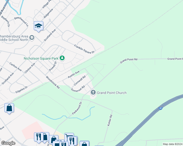 map of restaurants, bars, coffee shops, grocery stores, and more near 433 Hartford Drive in Chambersburg