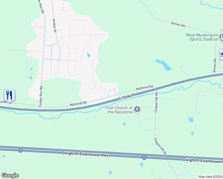 map of restaurants, bars, coffee shops, grocery stores, and more near 5971 National Road in Zanesville
