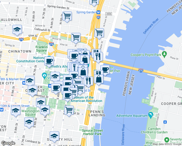 map of restaurants, bars, coffee shops, grocery stores, and more near 1 North Front Street in Philadelphia