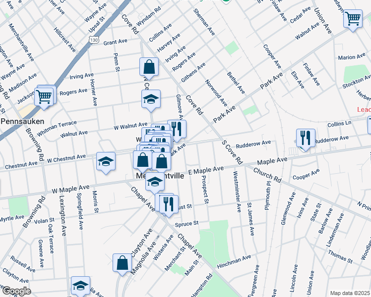 map of restaurants, bars, coffee shops, grocery stores, and more near 102 East Chestnut Avenue in Merchantville