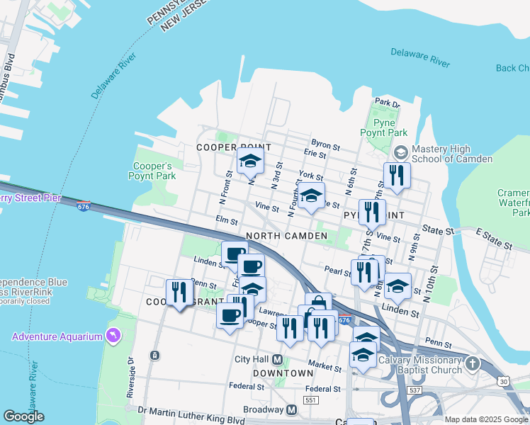 map of restaurants, bars, coffee shops, grocery stores, and more near 303 Vine Street in Camden