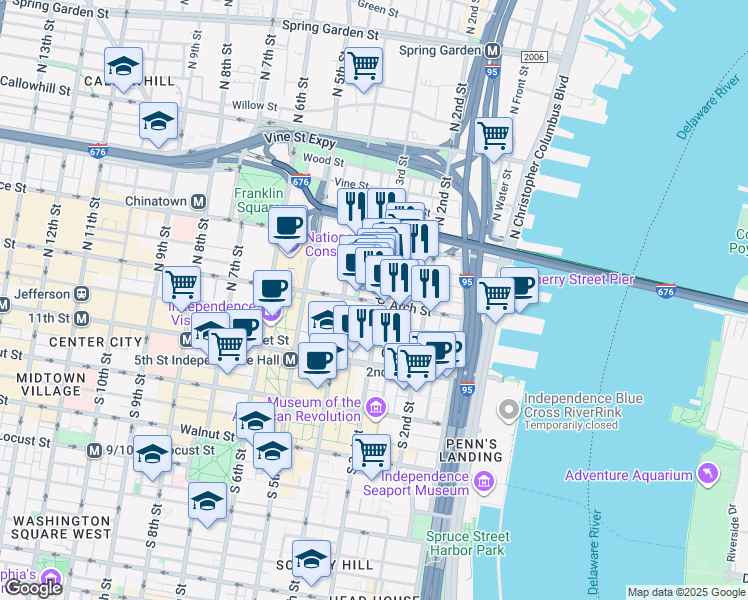 map of restaurants, bars, coffee shops, grocery stores, and more near in Philadelphia