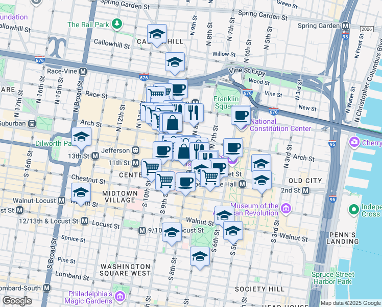 map of restaurants, bars, coffee shops, grocery stores, and more near 811 Filbert Street in Philadelphia