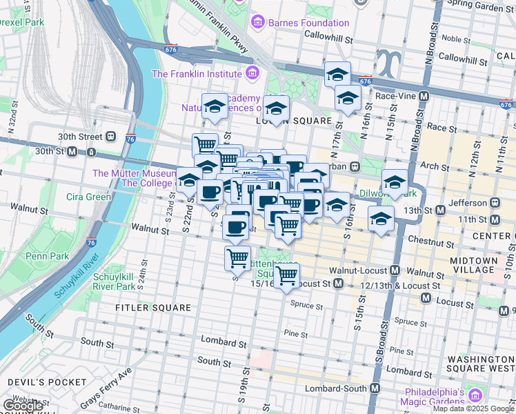 map of restaurants, bars, coffee shops, grocery stores, and more near in Philadelphia