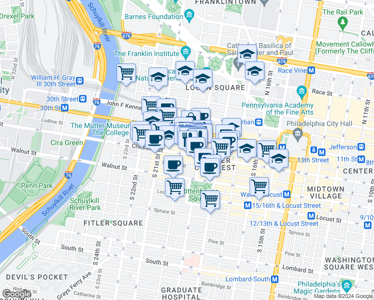 map of restaurants, bars, coffee shops, grocery stores, and more near in Philadelphia