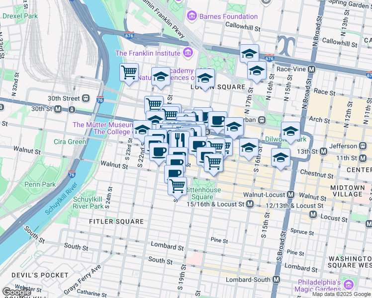 map of restaurants, bars, coffee shops, grocery stores, and more near 2011 Chestnut Street in Philadelphia