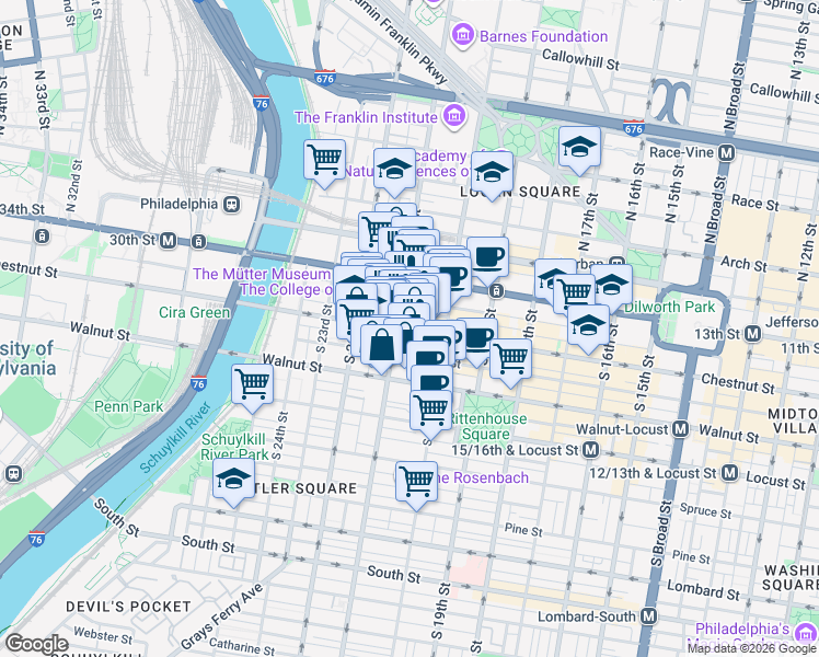map of restaurants, bars, coffee shops, grocery stores, and more near in MIDDLE CITY WEST