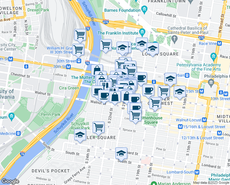 map of restaurants, bars, coffee shops, grocery stores, and more near 25 South Van Pelt Street in Philadelphia