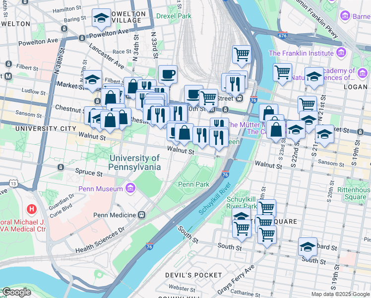 map of restaurants, bars, coffee shops, grocery stores, and more near 3025 Walnut Street in Philadelphia