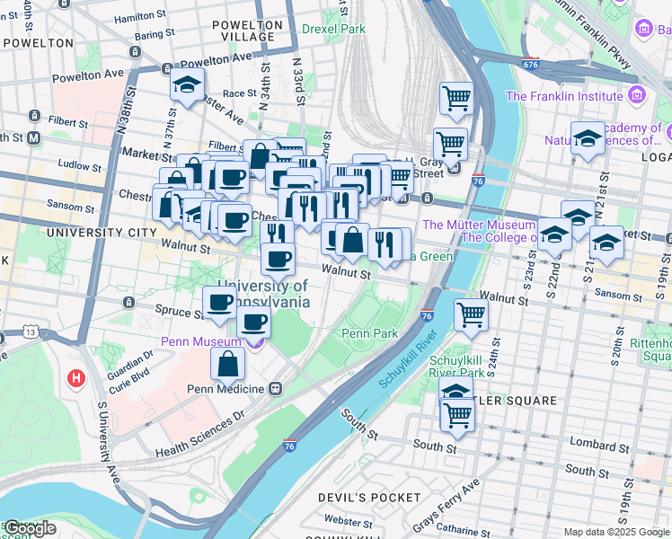 map of restaurants, bars, coffee shops, grocery stores, and more near 3131 Walnut Street in Philadelphia