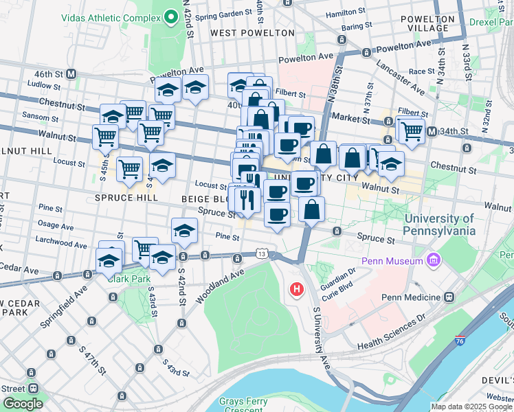 map of restaurants, bars, coffee shops, grocery stores, and more near 3907 Spruce Street in Philadelphia