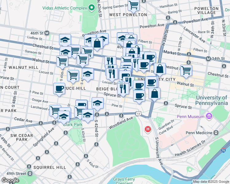 map of restaurants, bars, coffee shops, grocery stores, and more near 4000 Irving Street in Philadelphia