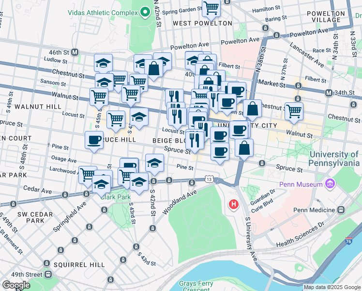 map of restaurants, bars, coffee shops, grocery stores, and more near 4000 Irving Street in Philadelphia