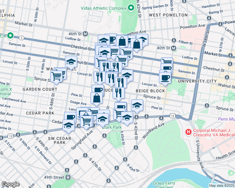 map of restaurants, bars, coffee shops, grocery stores, and more near in Philadelphia