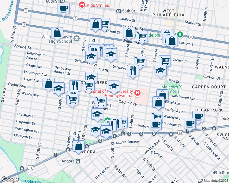 map of restaurants, bars, coffee shops, grocery stores, and more near 5527 Hazel Avenue in Philadelphia