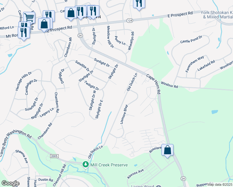 map of restaurants, bars, coffee shops, grocery stores, and more near 3182 Old Dutch Lane in York