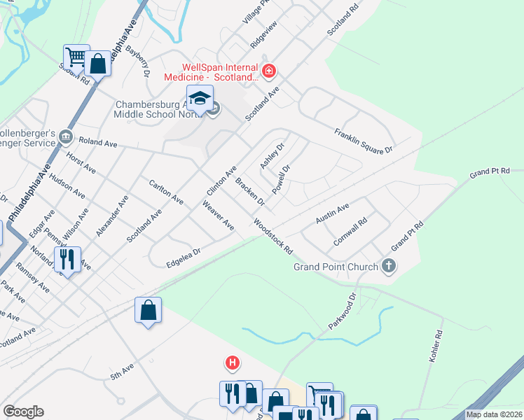 map of restaurants, bars, coffee shops, grocery stores, and more near 1916 Powell Drive in Chambersburg