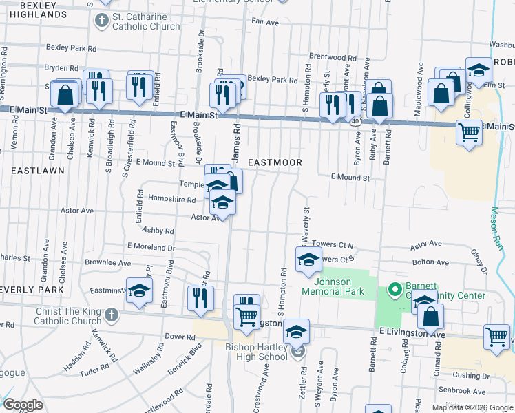 map of restaurants, bars, coffee shops, grocery stores, and more near 923 South Ashburton Road in Columbus