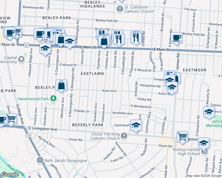 map of restaurants, bars, coffee shops, grocery stores, and more near 863 Kenwick Road in Columbus