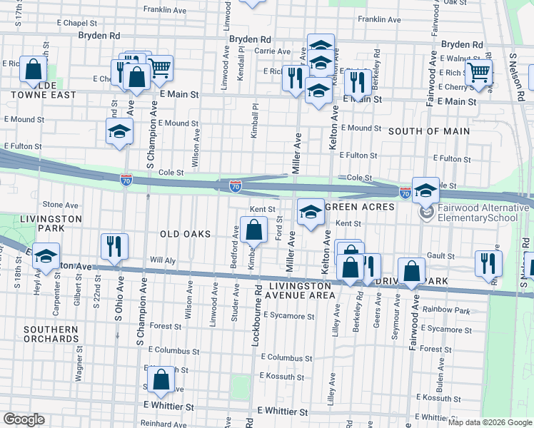 map of restaurants, bars, coffee shops, grocery stores, and more near 680 Ford Street in Columbus