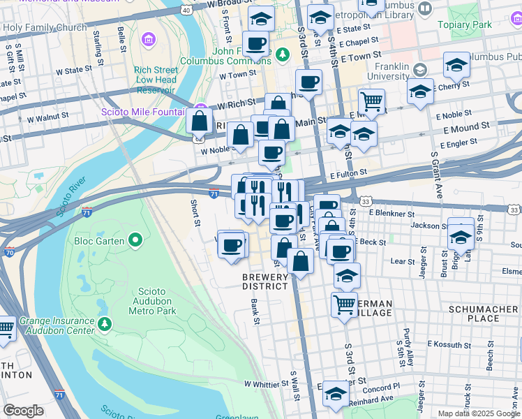 map of restaurants, bars, coffee shops, grocery stores, and more near 495 South High Street in Columbus