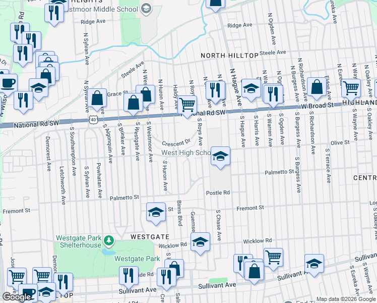 map of restaurants, bars, coffee shops, grocery stores, and more near 106 Binns Boulevard in Columbus