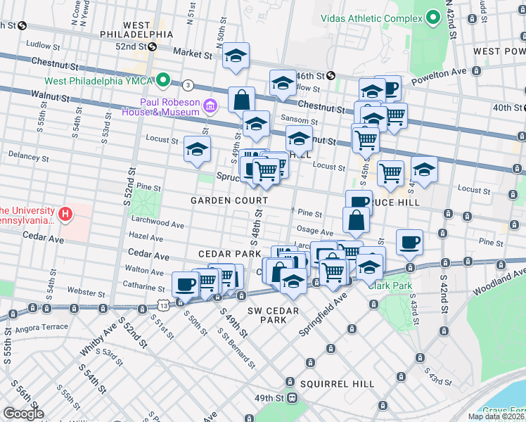 map of restaurants, bars, coffee shops, grocery stores, and more near 4748 Pine Street in Philadelphia