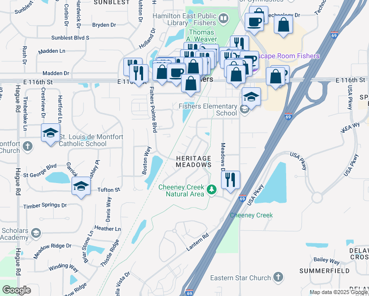 map of restaurants, bars, coffee shops, grocery stores, and more near 8493 Salatheal Court in Fishers