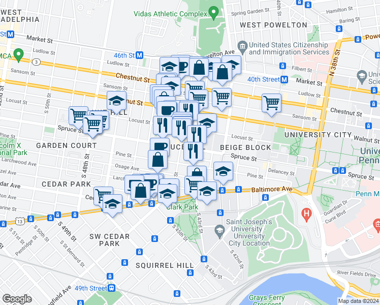 map of restaurants, bars, coffee shops, grocery stores, and more near 4310 Spruce Street in Philadelphia