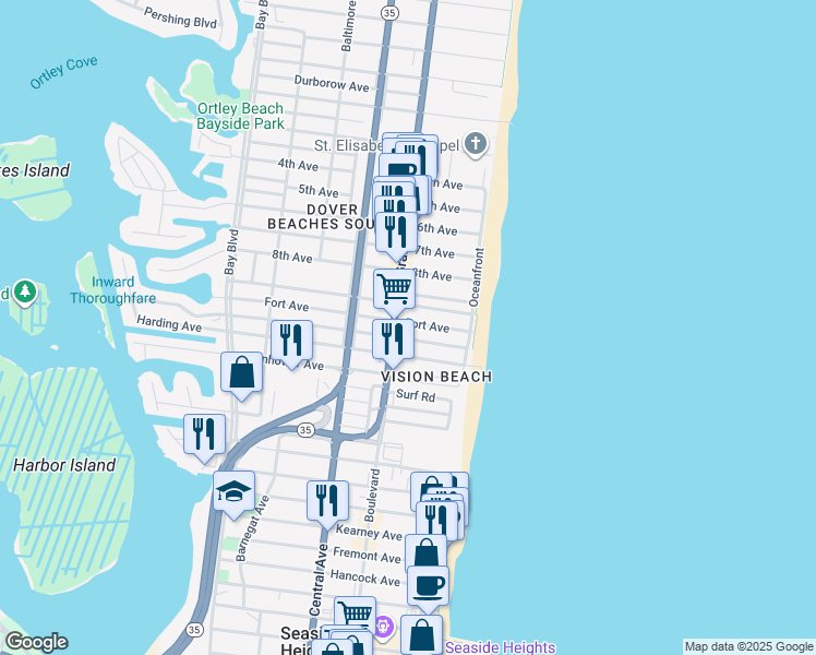 map of restaurants, bars, coffee shops, grocery stores, and more near 63 Fort Avenue in Seaside Heights