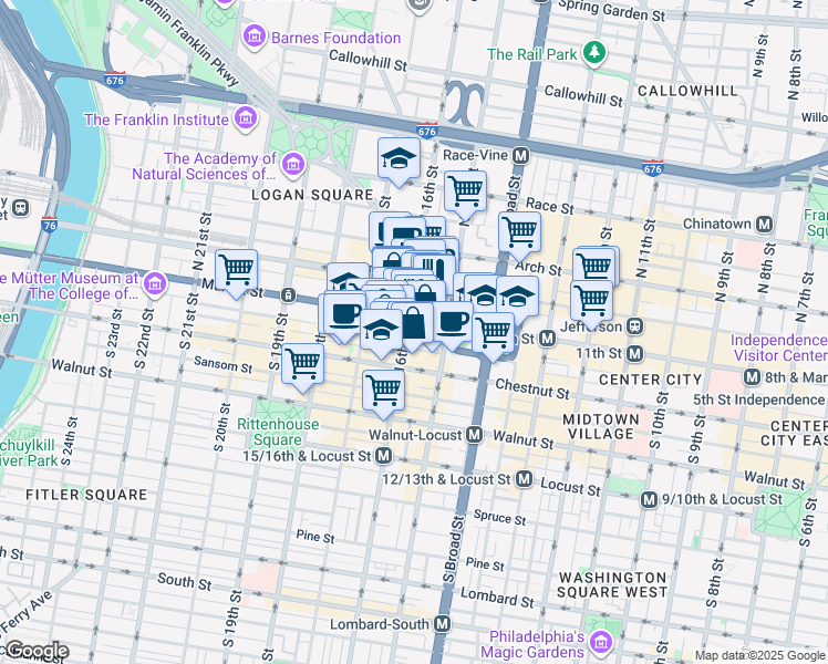 map of restaurants, bars, coffee shops, grocery stores, and more near 1500 Market Street in Philadelphia